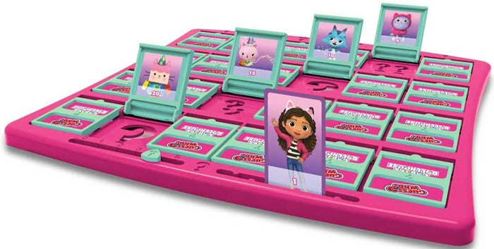 Pink game board with teal flip-up windows showing cartoon cats and a girl character card standing in a purple slot.