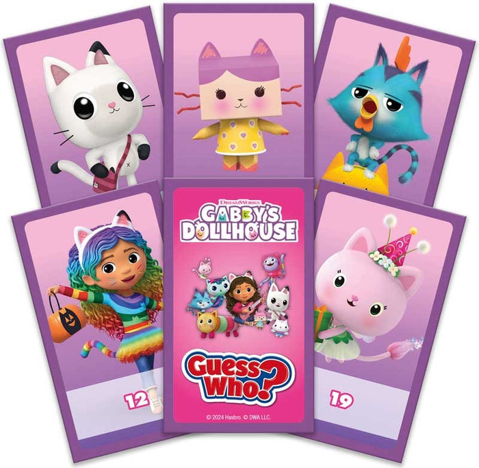 Six purple game cards with pink backgrounds featuring characters from Gabby's Dollhouse like Gabby and Pandy Paws.