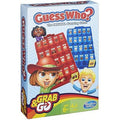 Guess Who? Grab and Go travel game box featuring red and blue game trays with faces and two cartoon character kids.