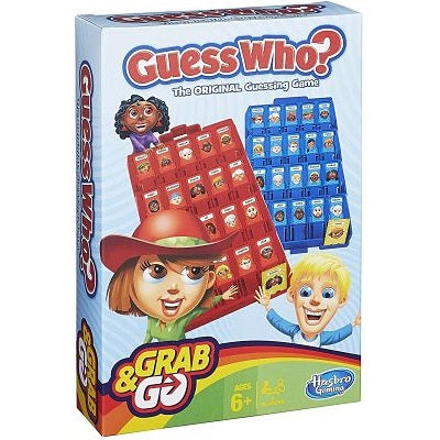 Guess Who? Grab and Go travel game box featuring red and blue game trays with faces and two cartoon character kids.