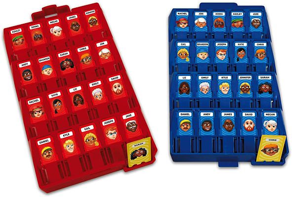 Red and blue portable game boards with grids of flip-up character tiles and yellow mystery cards at the bottom.