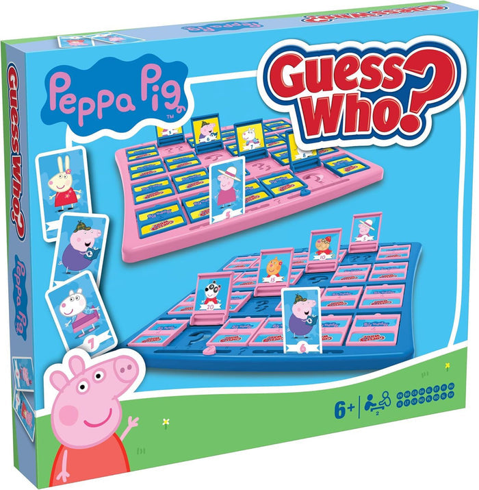 Peppa Pig Guess Who box featuring pink and blue flip-tile game boards and character cards on a bright blue background.