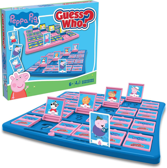 Guess Who Peppa Pig box and blue plastic board featuring pink flip-up character tiles and illustrated animal cards.