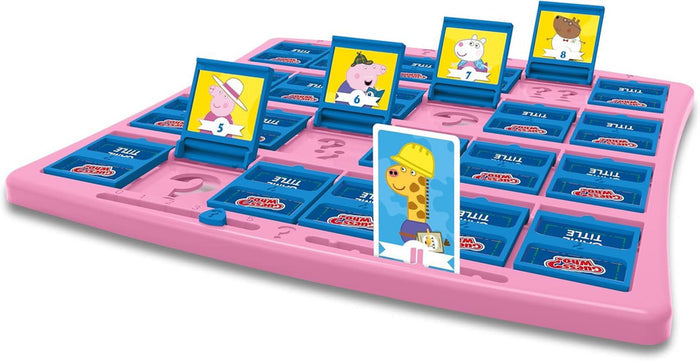 Pink board game with blue flip doors featuring Peppa Pig characters and a giraffe character card in front.