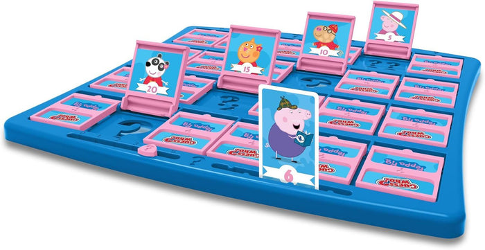 Blue tabletop game board featuring pink flip-up frames and Peppa Pig character cards with point values.