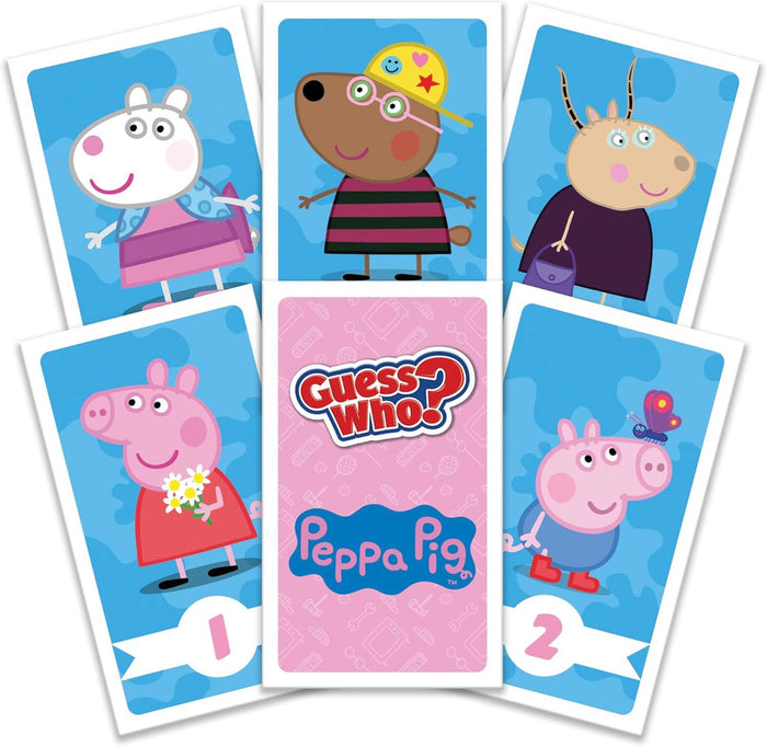Six Peppa Pig Guess Who cards featuring characters, game logos, and numbers 1 and 2 on blue and pink backgrounds.
