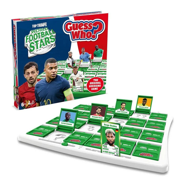 Guess Who World Football Stars game box and white board with green flip-up cards showing soccer player portraits.