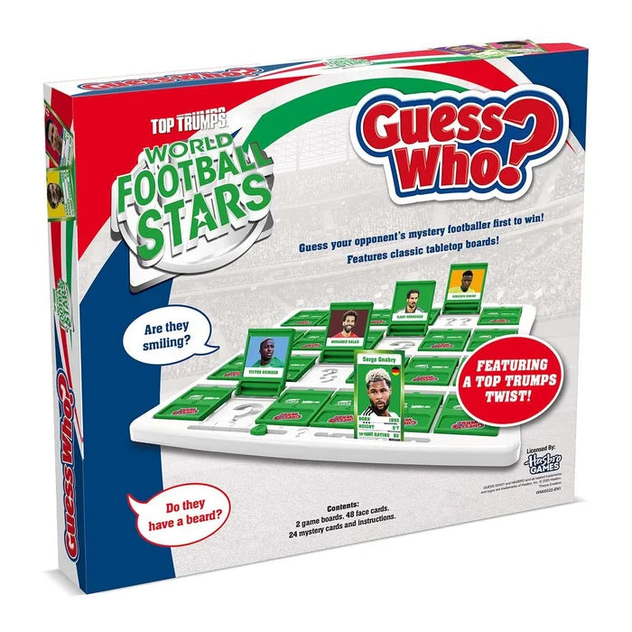 Red and blue box for Guess Who World Football Stars showing a game board with green flip-up soccer player cards.