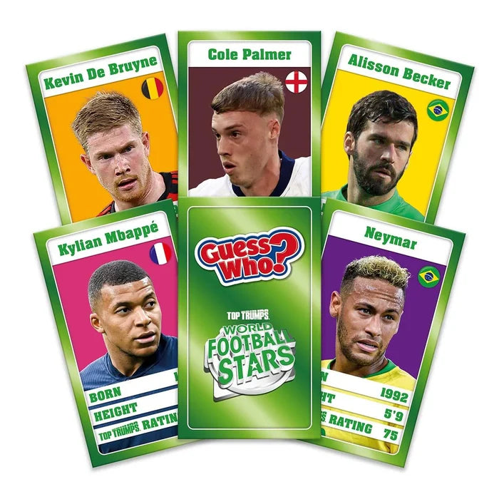 Five colorful player cards including Mbappé and Neymar fanned around a green Guess Who World Football Stars logo card.