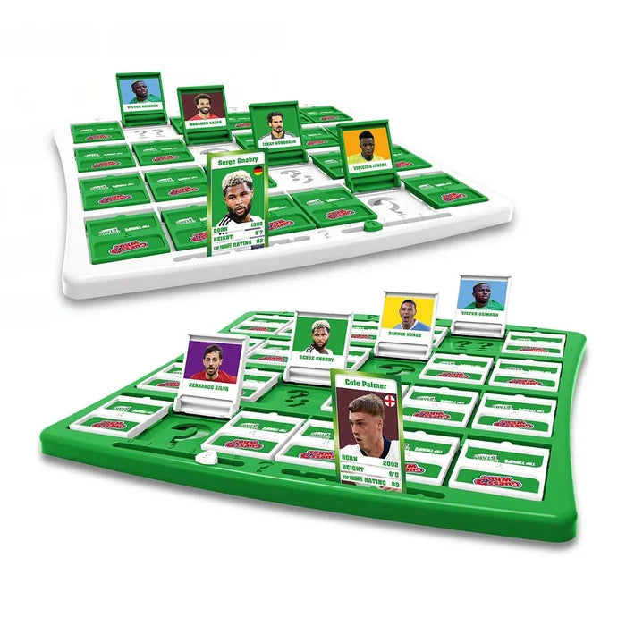 Green and white Guess Who boards featuring soccer player cards with photos, names, and performance statistics.
