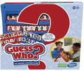 Blue board game box with a large red question mark, character cards, and a photo of children playing.