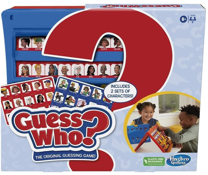 Blue board game box with a large red question mark, character cards, and a photo of children playing.