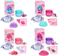 Four DIY slime sets featuring colorful jars on keychains, foil packets, mix-in bags, and textured slime samples.