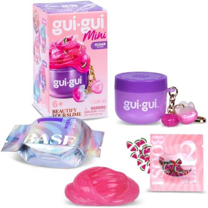Purple mini jar slime kit with a cat keychain, bright pink slime, and watermelon-themed mix-in packets.