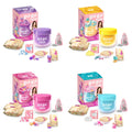 Four slime kits in purple, yellow, pink, and blue, each with a box, jar, mix-in packets, glitter, and toy charms.