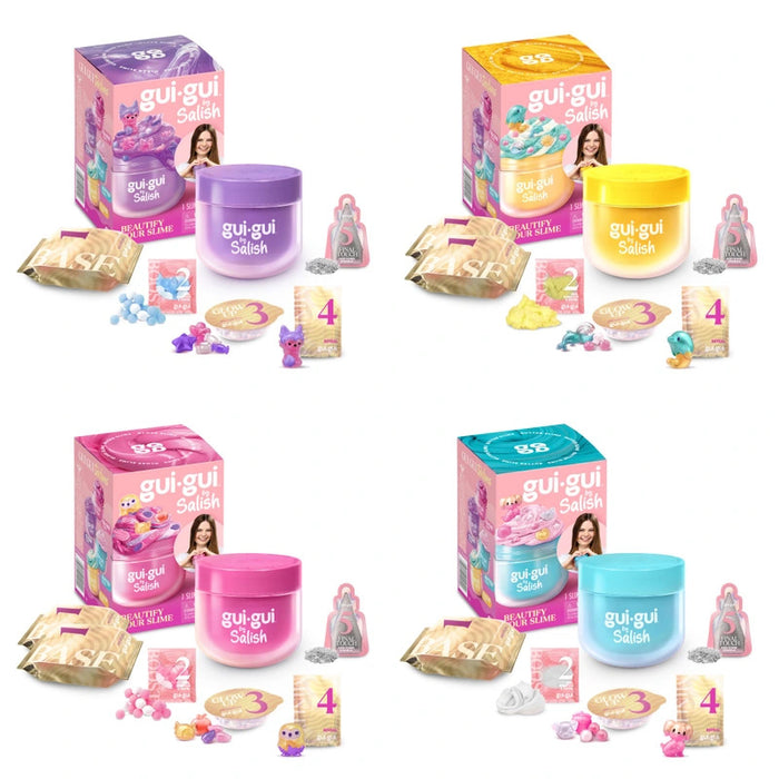 Four slime kits in purple, yellow, pink, and blue, each with a box, jar, mix-in packets, glitter, and toy charms.