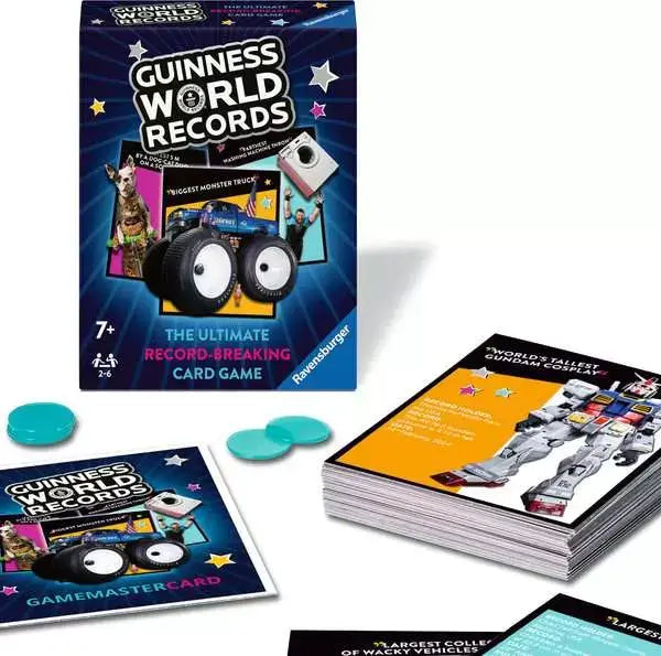 Blue card game box with monster truck art, a deck of cards, and small teal tokens on a white background.