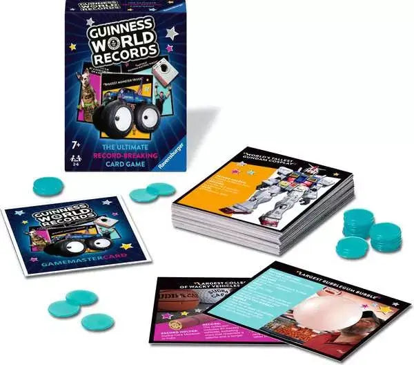 Blue box with monster truck, stacks of record cards featuring a giant robot and bubblegum, and teal circular tokens.