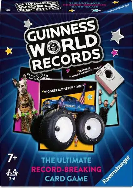 Blue card game box for Guinness World Records featuring a monster truck, washing machine, and dog among stars.