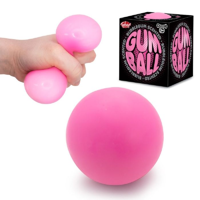 Bright pink squishy ball shown whole and being squeezed next to its black box with pink bubblegum-scented text.