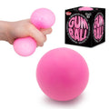 Bright pink squishy ball shown whole and being squeezed next to its black box with pink bubblegum-scented text.