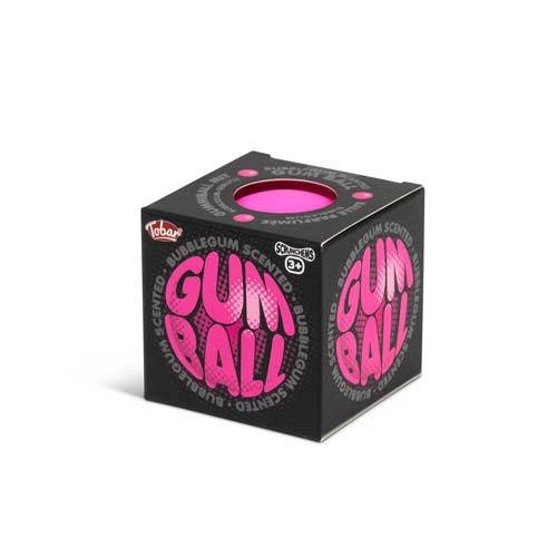 Black box with pink bubble-style text and a circular window on top revealing a bright pink squishy toy ball.