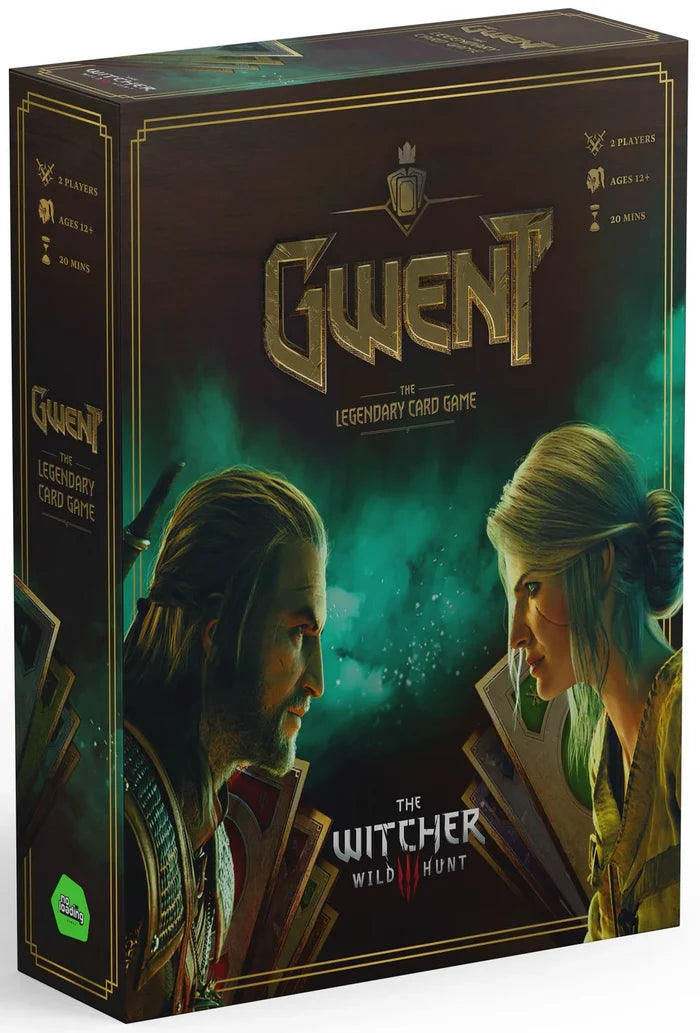 Dark rectangular game box with gold trim, showing two characters facing off against a misty green and black background.
