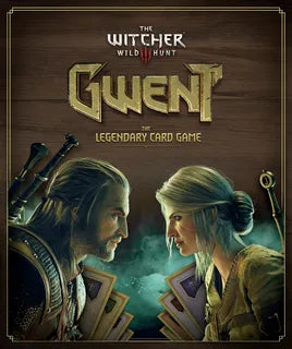 Geralt and Ciri hold cards on a dark wood box featuring a large stylized gold Gwent logo and The Witcher branding.