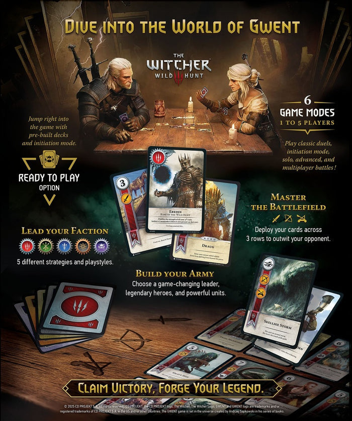Promotional graphic showing Geralt and Ciri playing Gwent, with illustrated cards and faction icons on a dark background.