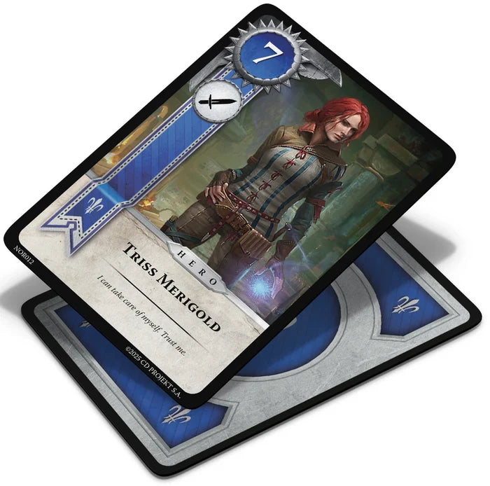 Two stacked Gwent cards; the top card shows Triss Merigold with red hair, a blue border, and a strength value of 7.