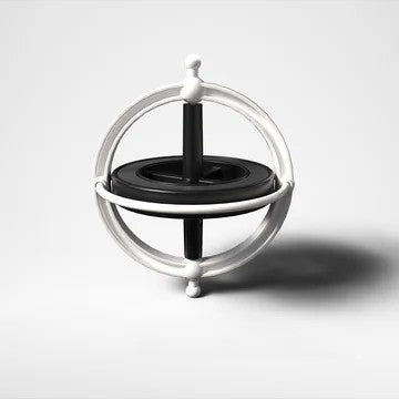 Black and white toy gyroscope with a central black disk and vertical axle within a white circular frame.