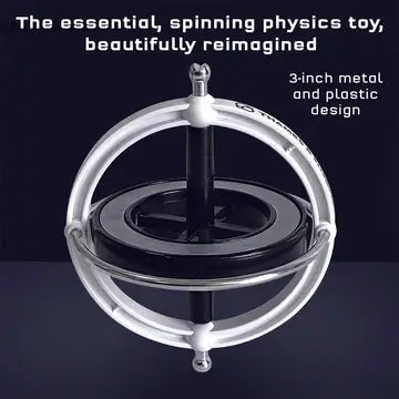 White and black 3-inch gyroscope toy with a circular frame and inner rotor against a dark background.