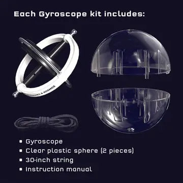 Black and white gyroscope, two clear plastic sphere halves, and coiled black string shown on a dark background.