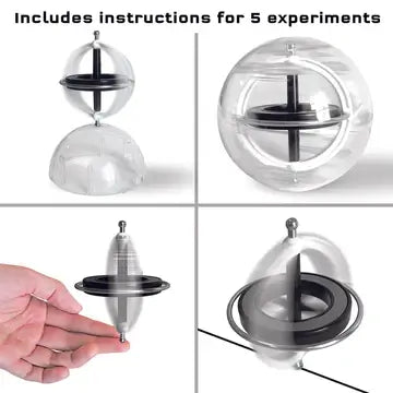 Clear sphere gyroscope kit on a stand, balanced on a finger, and on a wire. Includes instructions for 5 experiments.