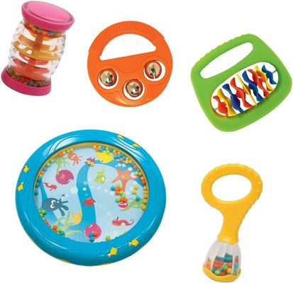 Five colorful baby musical toys: blue ocean drum, orange bell rattle, pink rainmaker, green shaker, and yellow maraca.