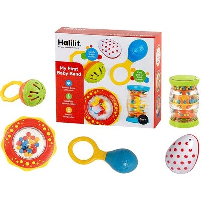 Five colorful baby instruments—rattles, shaker, and tambourine—displayed with their red and white illustrated box.
