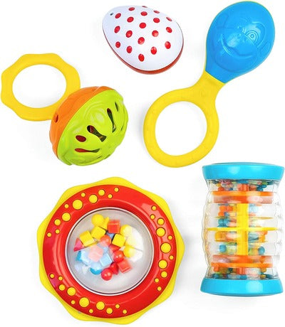 Five colorful plastic baby rattles including an egg shaker, blue maraca, rainmaker, and two handheld ring rattles.