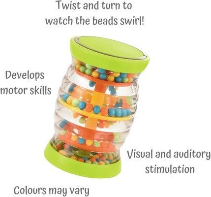 Clear ribbed baby rattle with green ends, internal orange tiers, and small multicolored beads.