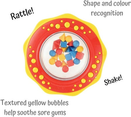 Circular red and yellow rattle with textured bubbles and colorful geometric shapes inside a clear center.