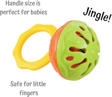 Yellow ring handle rattle with a green cage-style bell over an orange base.