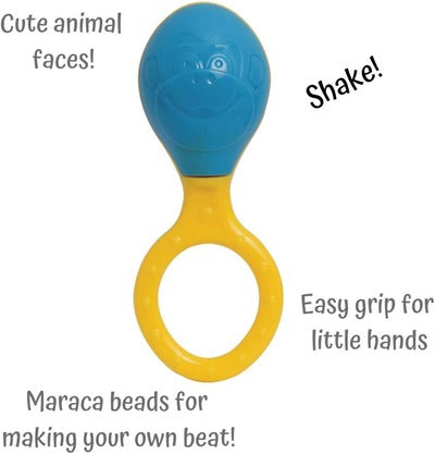 Blue and yellow baby maraca with an embossed monkey face and a yellow ring-shaped handle for easy gripping.