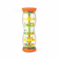 Hourglass-shaped rainmaker toy with orange ends, clear ridged casing, and colorful beads inside tiered compartments.