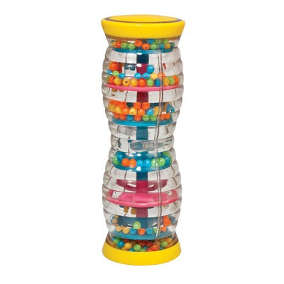 Clear ribbed plastic rainmaker with yellow caps and colorful beads falling through tiered internal discs.