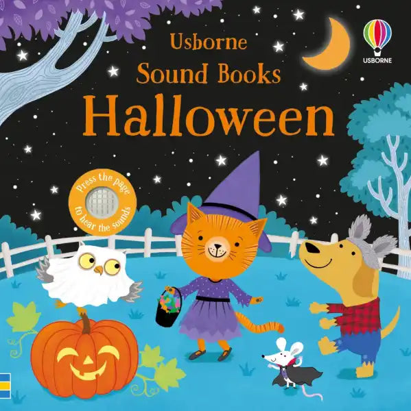 Usborne Halloween book cover with animals in costumes and a jack-o'-lantern under a starry sky with a sound button.