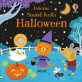 Usborne Halloween book cover with animals in costumes and a jack-o'-lantern under a starry sky with a sound button.