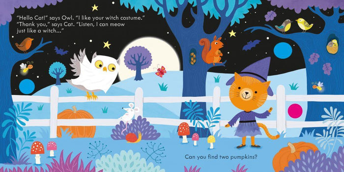 Illustrated book page featuring an owl, a cat in a witch hat, and orange pumpkins in a moonlit blue garden.