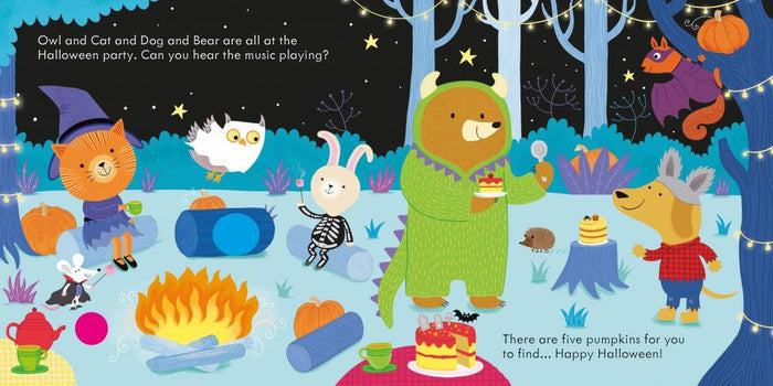Illustrated book page of animals in costumes at a night forest party around a campfire with pumpkins.