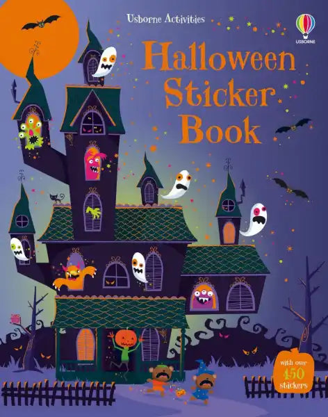 Purple book cover featuring a haunted house with monsters, ghosts, and bears trick-or-treating under a full moon.