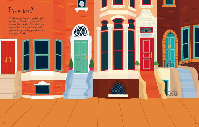 Halloween sticker book spread featuring colorful townhouses and doors on a bright orange street.