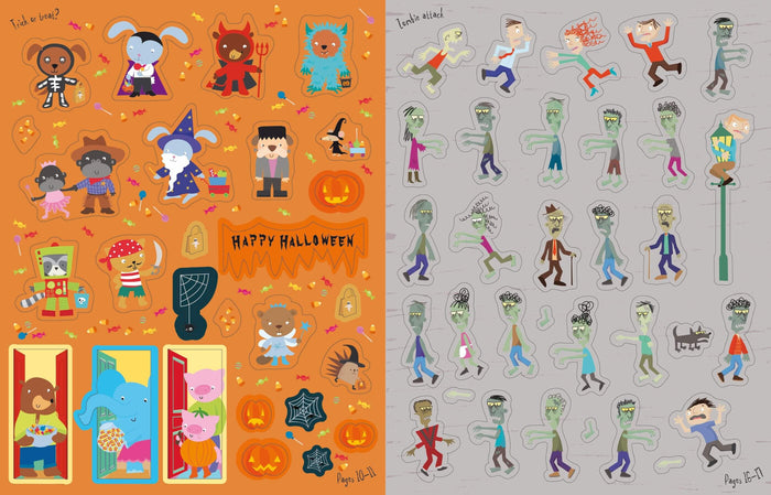 Halloween sticker sheets featuring cartoon animals in costumes on orange and green zombies on a grey background.